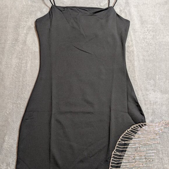 Black Rhinestone Fringe Mini Dress | Spaghetti Strap Night Out Style - Picture 4 of 8